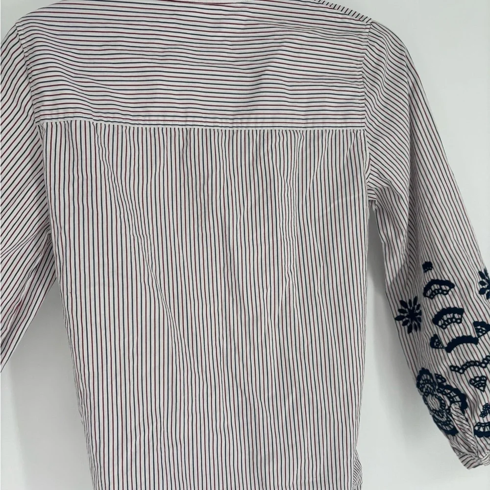 J. Crew Red, White & Blue Striped Embroidered Bow Blouse